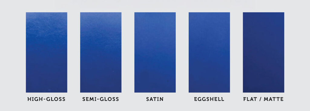 ide-by-side paint finish chart showing five blue paint swatches labelled from left to right: high-gloss, semi-gloss, satin, eggshell, and flat/matte.