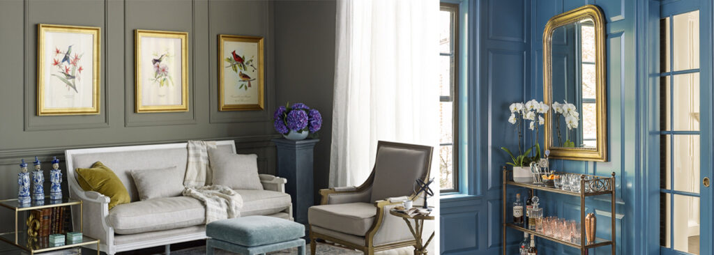 Collage of two interior rooms: on the left, a living room with muted olive walls, a cream sofa, and gold-framed artwork; on the right, a bold blue wall with paneling, a gold mirror, and a glass bar cart with orchids.