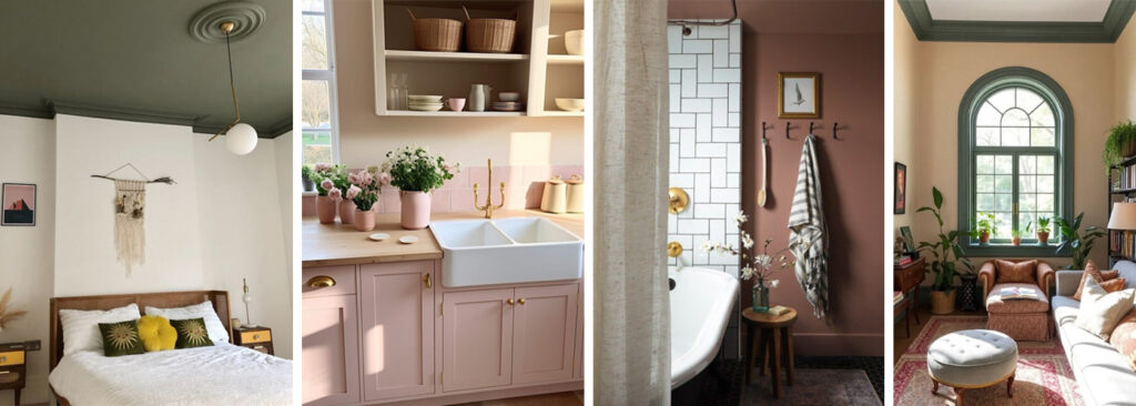 Collage of four styled interiors: a bedroom with olive-green ceiling and white walls, a kitchen with blush-pink cabinets and farmhouse sink, a bathroom with terracotta walls and brass accents, and a living room with peach walls and a green arched window.