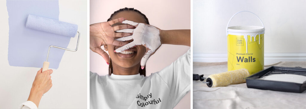 Collage of three images: a hand rolling lavender paint on a wall, a smiling woman with paint-covered hands wearing a Simply Colour shirt, and a yellow Simply Colour “Walls” paint tin with roller and tray on a drop sheet.