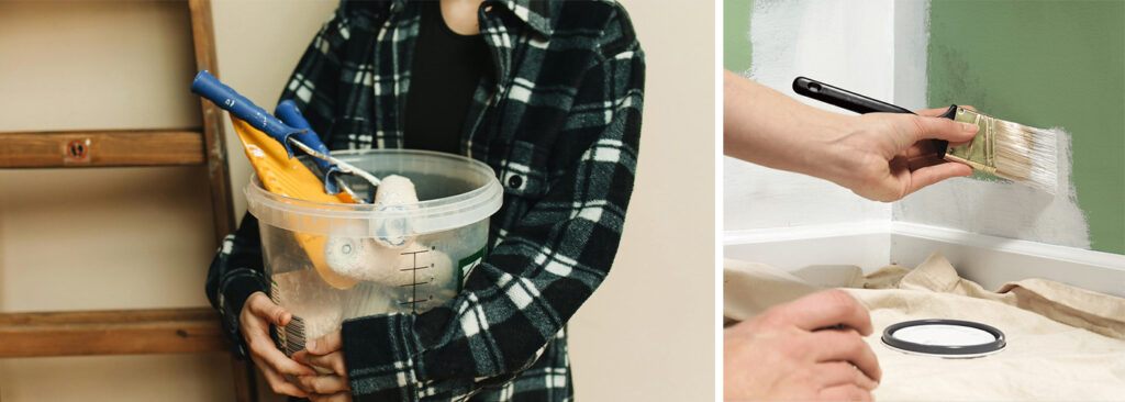 Person holding a bucket of painting tools on the left, while a hand paints over a green wall with white paint on the right.